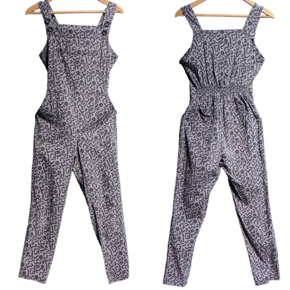 Nooworks Cotton Straight Leg Overalls RARE discontinued Shapes Print Gray/Purple